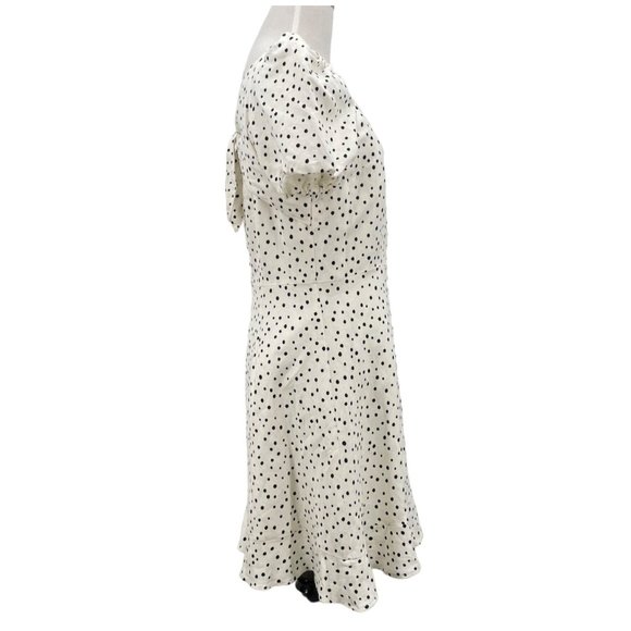 LOFT Size 8P Black Polka Dot Linen Blend Flounce Dress Square Neck Puff Sleeve - Picture 5 of 10